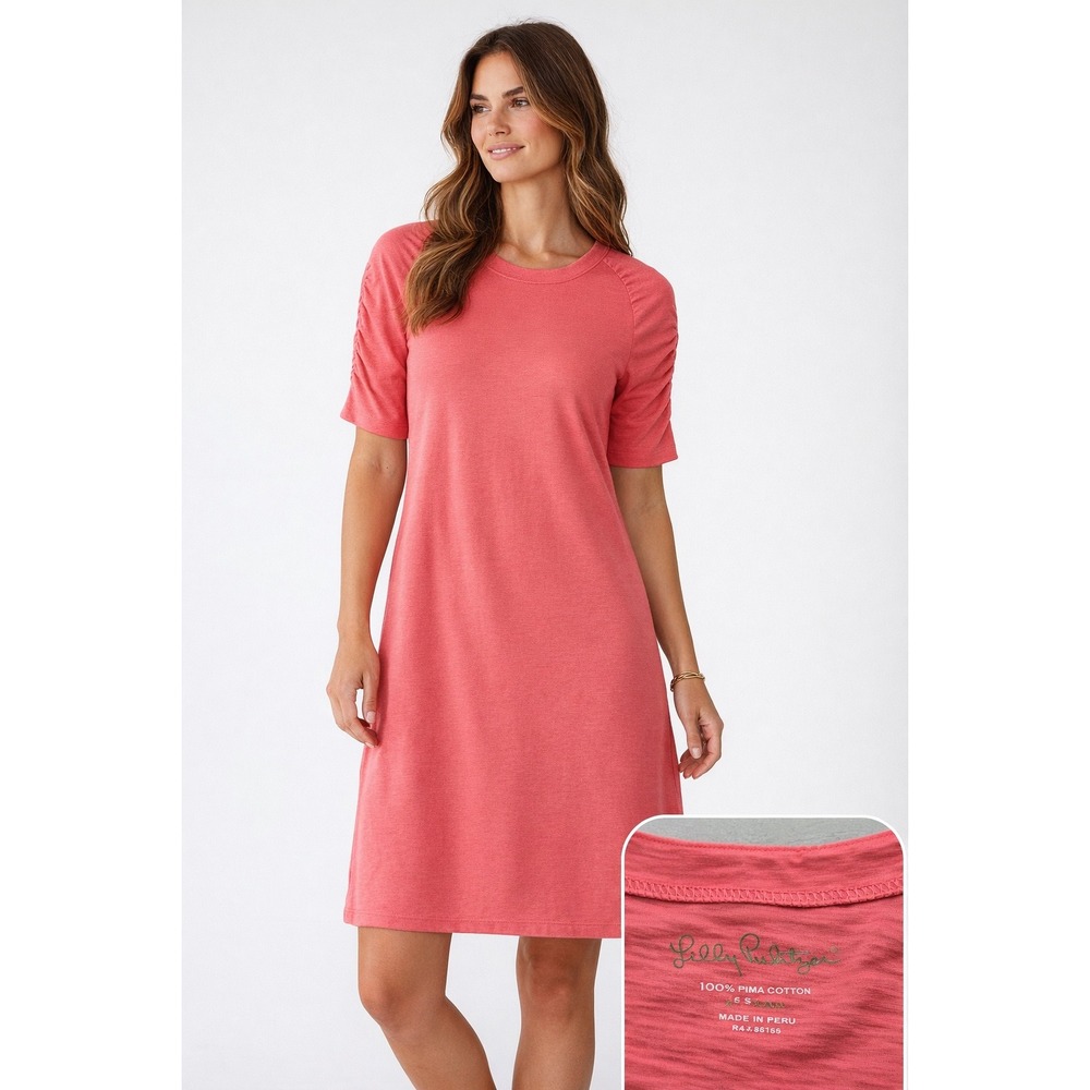 Lilly Pulitzer Pink Pima Cotton Ruched Sleeve T-Shirt Dress Womens XS Mini